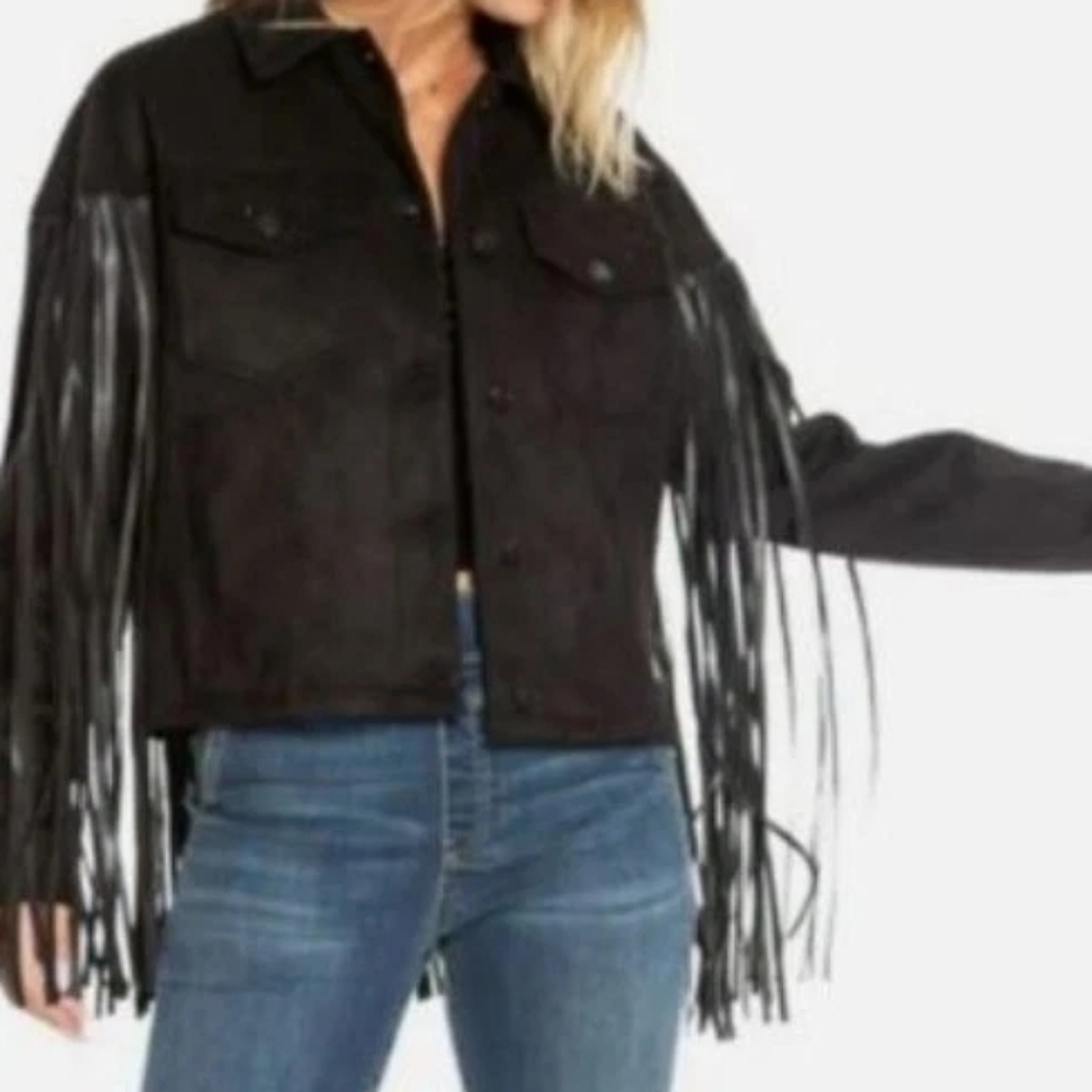 Juicy Couture Fringed Trucker Jacket Women's Black Faux Suede NWT